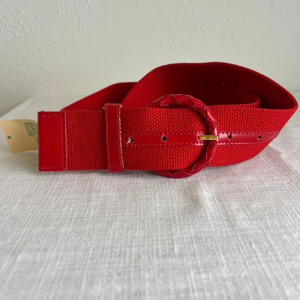 Vintage Red Woven Canvas Belt Braided Leather Buckle 70s‎ 80s